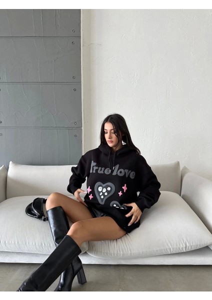 3 Iplik Şardonlu Oversize Compact True Baskılı Sweat Siyah