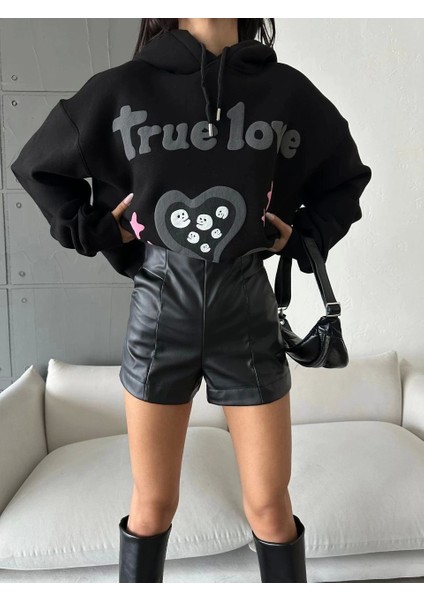 3 Iplik Şardonlu Oversize Compact True Baskılı Sweat Siyah