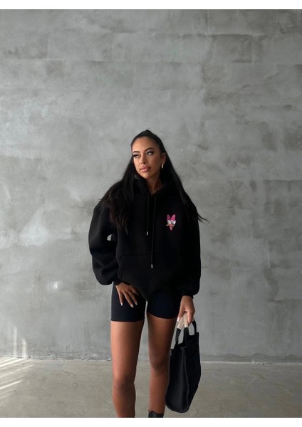 3 Iplik Şardonlu Oversize Compact Ördek Baskılı Sweat Siyah