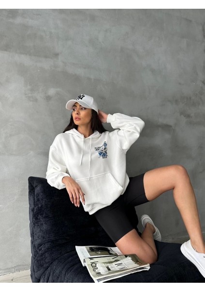 3 Iplik Şardonlu Oversize Compact Kafa Baskılı Sweat Beyaz
