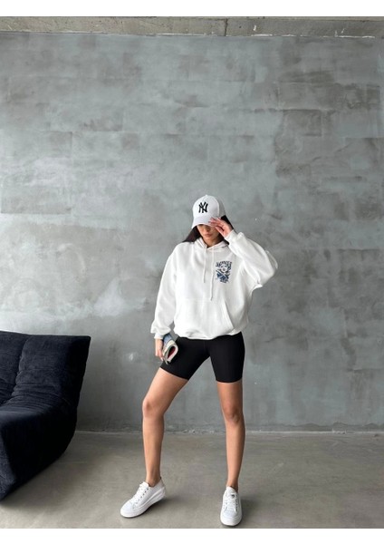3 Iplik Şardonlu Oversize Compact Kafa Baskılı Sweat Beyaz