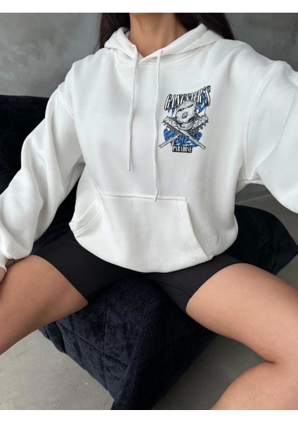 3 Iplik Şardonlu Oversize Compact Kafa Baskılı Sweat Beyaz