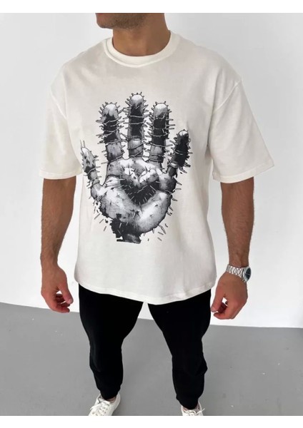 Unisex Bisiklet Yaka Baskılı Oversize T-Shirt - Beyaz fiyatları