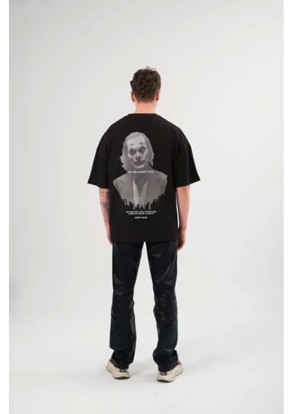 Unisex Bisiklet Yaka Baskılı Oversize T-Shirt - Siyah modelleri