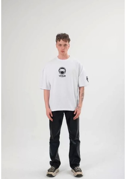 Unisex Bisiklet Yaka Baskılı Oversize T-Shirt - Beyaz fiyatları