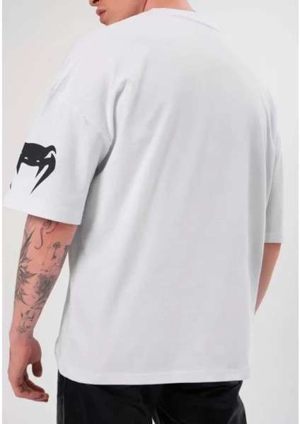 Unisex Bisiklet Yaka Baskılı Oversize T-Shirt - Beyaz modelleri