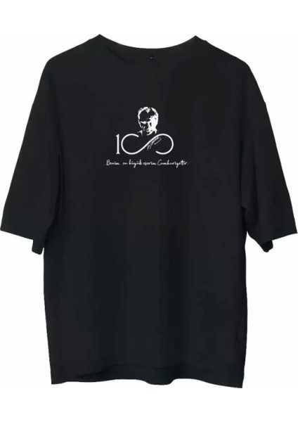 Unisex Bisiklet Yaka Baskılı Oversize T-Shirt - Siyah
