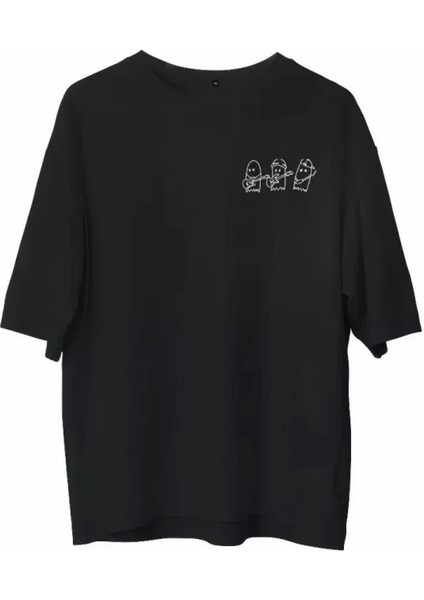 Unisex Bisiklet Yaka Baskılı Oversize T-Shirt - Siyah