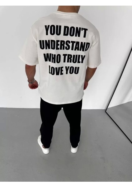 Unisex Bisiklet Yaka Baskılı Oversize T-Shirt - Beyaz modelleri
