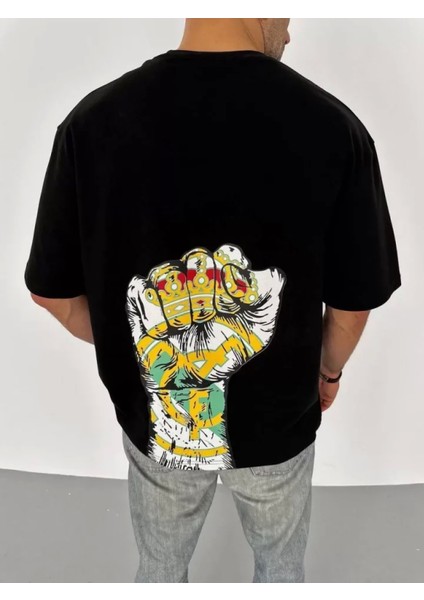 Unisex Bisiklet Yaka Baskılı Oversize T-Shirt - Siyah modelleri