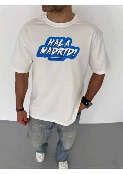 Unisex Bisiklet Yaka Baskılı Oversize T-Shirt - Beyaz