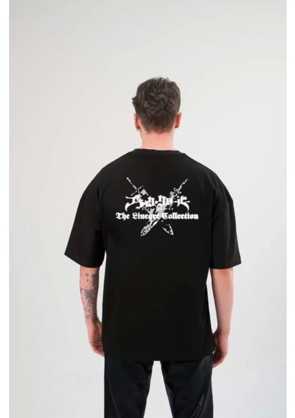 Unisex Bisiklet Yaka Baskılı Oversize T-Shirt - Siyah fiyatları