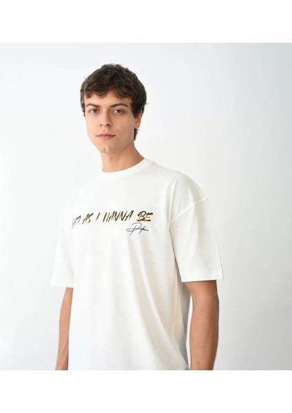 Unisex Bisiklet Yaka Baskılı Oversize T-Shirt - Beyaz modelleri
