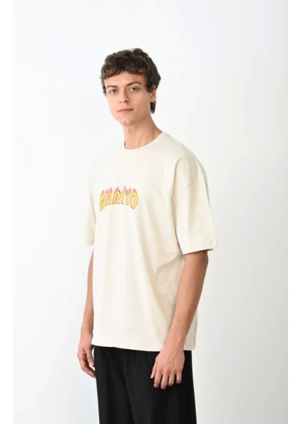 Unisex Bisiklet Yaka Baskılı Oversize T-Shirt - Beyaz modelleri