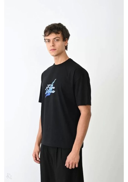 Unisex Bisiklet Yaka Baskılı Oversize T-Shirt - Siyah modelleri