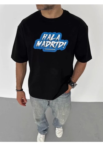 Unisex Bisiklet Yaka Baskılı Oversize T-Shirt - Siyah
