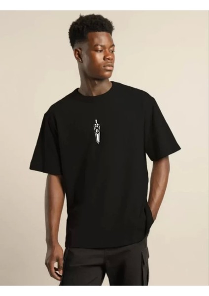 Unisex Bisiklet Yaka Baskılı Oversize T-Shirt - Siyah