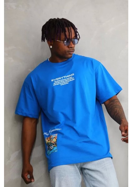 Unisex Bisiklet Yaka Baskılı Oversize T-Shirt - Mavi fiyatları