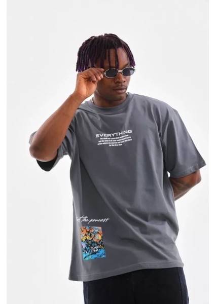 Unisex Bisiklet Yaka Baskılı Oversize T-Shirt - Gri