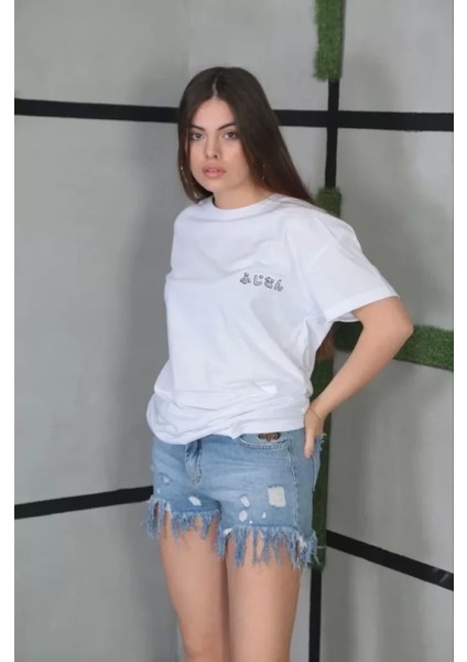 Unisex Bisiklet Yaka Baskılı Oversize T-Shirt- Beyaz