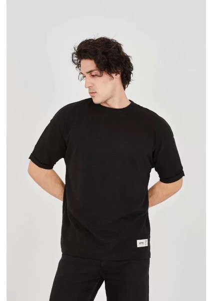Unisex Jakar Kumaş Rahat Kol T-Shirt - Siyah