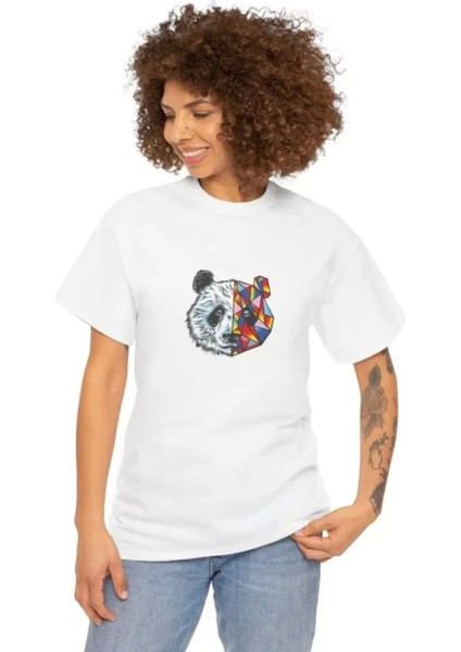 Unisex Bisiklet Yaka Baskılı T-Shirt - Beyaz