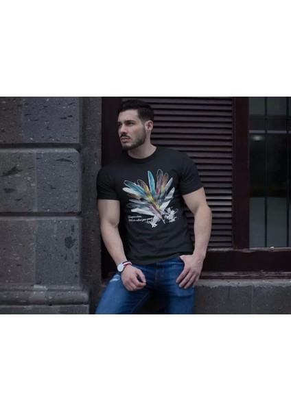Unisex Bisiklet Yaka Baskılı Oversize T-Shirt - Siyah