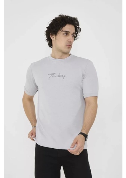 Unisex Bisiklet Yaka Slim Fit T-Shirt- Boyalı Gri modelleri