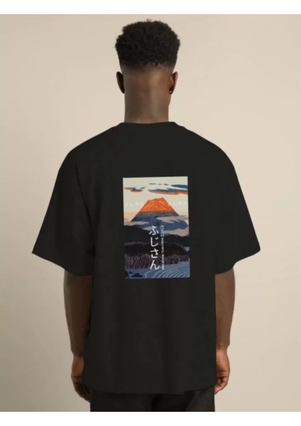 Unisex Bisiklet Yaka Baskılı Oversize T-Shirt - Siyah fırsatları