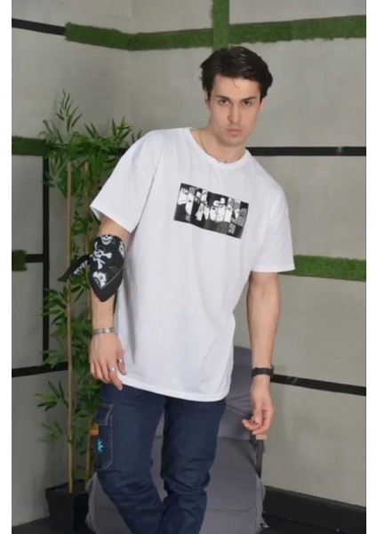 Unisex Bisiklet Yaka Baskılı Oversize T-Shirt - Beyaz