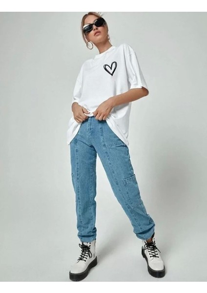 Unisex Baskılı Oversize T-Shirt - Beyaz fiyatları