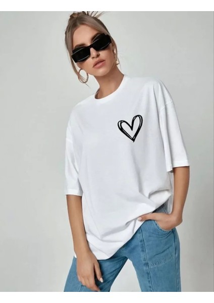 Unisex Baskılı Oversize T-Shirt - Beyaz modelleri