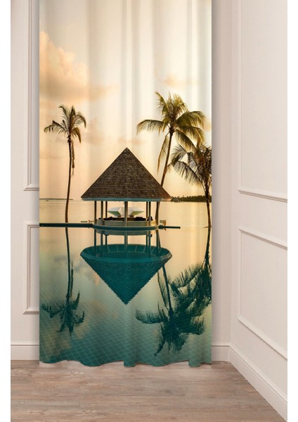 Deniz Manzara Palmiye Bohem Desenli Özel Tasarım Dijital Baskılı (Tek Kanat) Modern Şık Fon Perde
