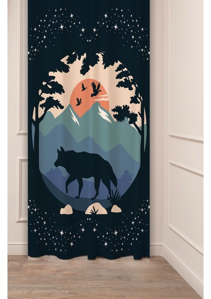 Kurt Dağ Manzara Ağaç Yıldız Bohem Desenli Özel Tasarım Dijital Baskılı (Tek Kanat) Modern Fon Perde