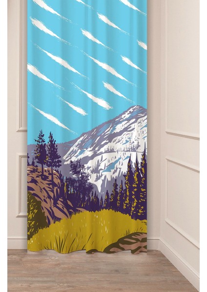 Dağ Kar Çam Ağaç Manzara Bohem Desenli Özel Tasarım Dijital Baskılı (Tek Kanat) Modern Şık Fon Perde