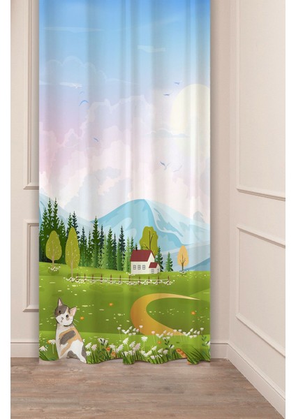 Yayla Tatlı Ev Kedi Dağ Huzur Manzara Desenli Özel Tasarım Dijital Baskılı (Tek Kanat) Şık Fon Perde