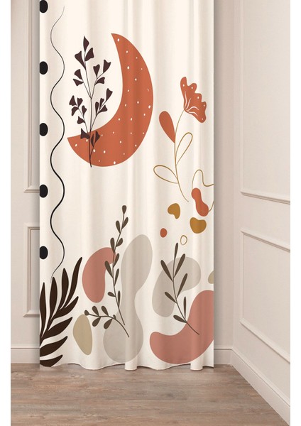 Çiçekli Bohem Minimalist Yaprak Krem Bej Desenli Özel Tasarım Dijital Baskılı (Tek Kanat) Fon Perde