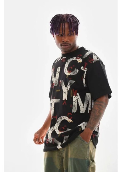 Unisex Baskılı Oversize T-Shirt - Siyah modelleri