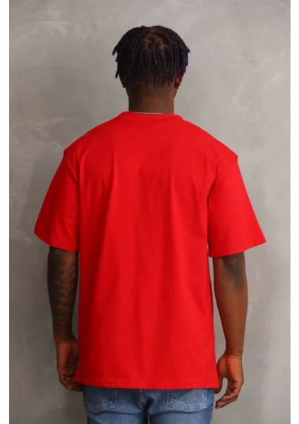 Unisex Baskılı Oversize T-Shirt - Kırmızı fiyatları