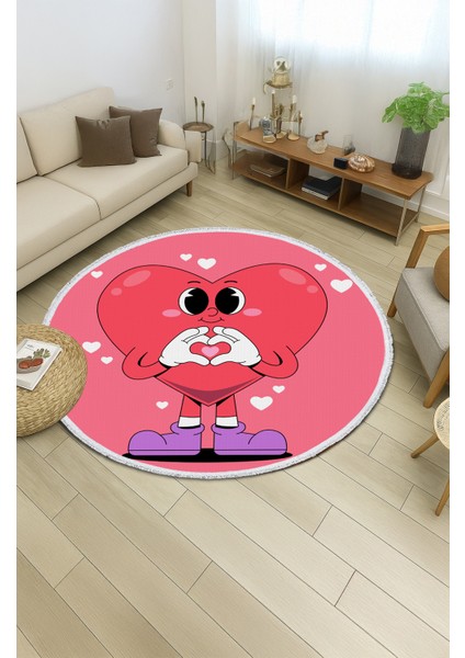 Çocuk Odası Halısı - Kalpli Karakter Desenli Sevimli Pembe Halı
