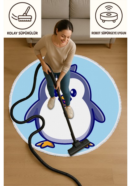 Yuvarlak Çocuk Odası Halısı - Sevimli Penguen Desenli Mavi Zemin Kaymaz Halı Modeli