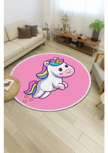 Yuvarlak Çocuk Odası Halısı - Pembe Unicorn Desenli Kaymaz Tabanlı Sevimli Halı