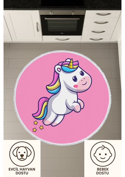 Yuvarlak Çocuk Odası Halısı - Pembe Unicorn Desenli Kaymaz Tabanlı Sevimli Halı