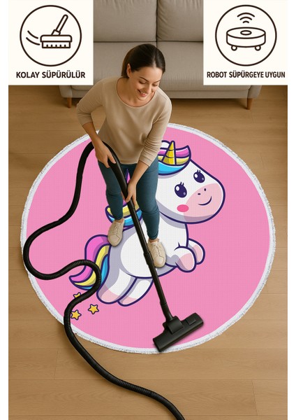 Yuvarlak Çocuk Odası Halısı - Pembe Unicorn Desenli Kaymaz Tabanlı Sevimli Halı