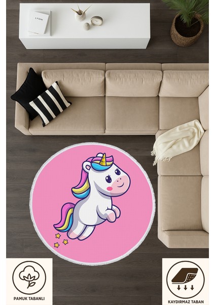 Yuvarlak Çocuk Odası Halısı - Pembe Unicorn Desenli Kaymaz Tabanlı Sevimli Halı