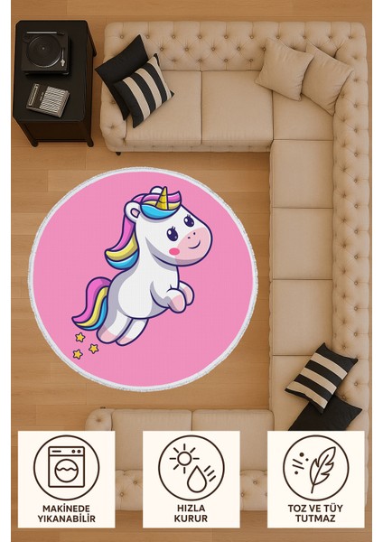 Yuvarlak Çocuk Odası Halısı - Pembe Unicorn Desenli Kaymaz Tabanlı Sevimli Halı