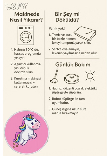 Yuvarlak Çocuk Odası Halısı - Pembe Unicorn Desenli Kaymaz Tabanlı Sevimli Halı