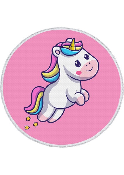 Yuvarlak Çocuk Odası Halısı - Pembe Unicorn Desenli Kaymaz Tabanlı Sevimli Halı