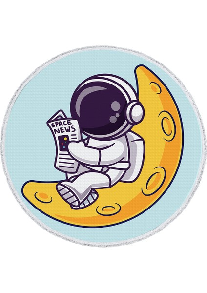 Çocuk Odası Halısı – Ay Üzerinde Gazete Okuyan Astronot Deseni | Kaymaz Tabanlı | Mavi Zemin