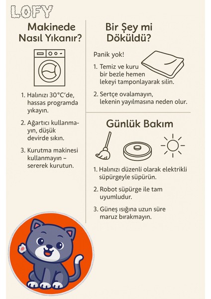 Yuvarlak Çocuk Odası Halısı - Turuncu Zemin Üzerinde Sevimli Gri Kedi Deseni